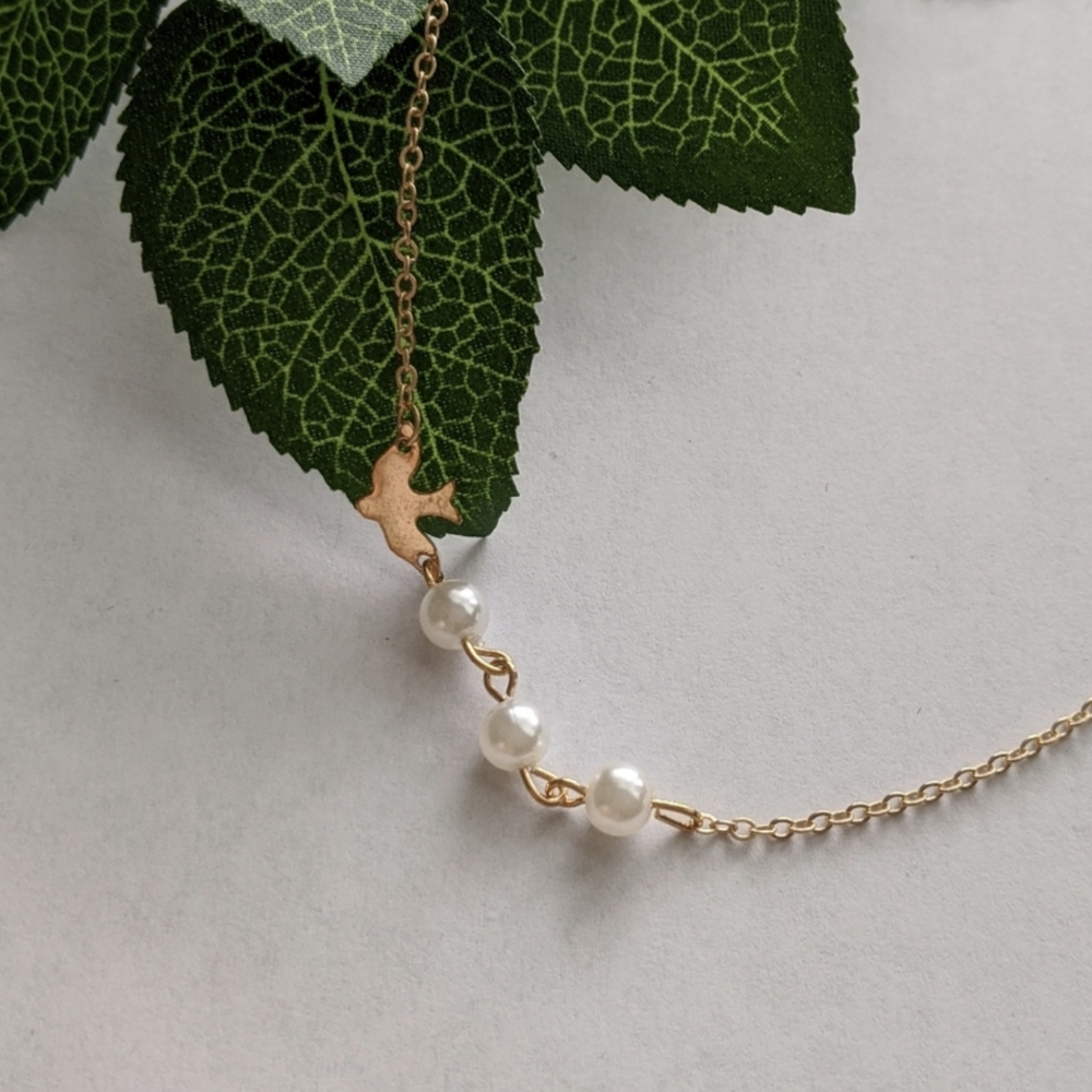 Gold Dainty Dove and Pearl Necklace